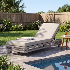 Outdoor Woven Rope Chaise Lounge with Wheels, Position Adjustable Backrest Steel Frame and Removable Gray Cushion, Dark Outdoor Woven Rope Chaise Lounge with Wheels, Position Adjustable Backrest Steel Frame and Removable Gray Cushion, Dark