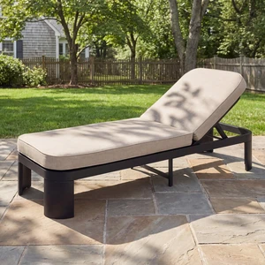Outdoor Chaise Lounge with Beige Cushion, Position Adjustable Backrest, Beige Black, Acacia Wood and Fabric, Patio Outdoor Chaise Lounge with Beige Cushion, Position Adjustable Backrest, Beige Black, Acacia Wood and Fabric, Patio