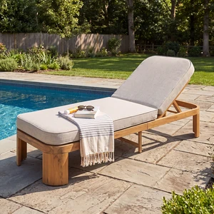 Outdoor Chaise Lounge with Beige Cushion, Position Adjustable Backrest, Beige Teak, Acacia Wood and Fabric, Patio Outdoor Chaise Lounge with Beige Cushion, Position Adjustable Backrest, Beige Teak, Acacia Wood and Fabric, Patio