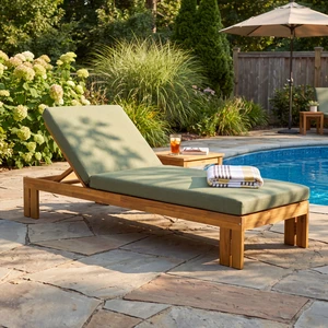 Outdoor Chaise Lounge, Position Adjustable Backrest Removable Green Cushion, Green Teak, Acacia Wood and Fabric, Patio Outdoor Chaise Lounge, Position Adjustable Backrest Removable Green Cushion, Green Teak, Acacia Wood and Fabric, Patio
