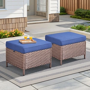 Outdoor Wicker Ottomans Set, Patio Rattan Footrests with Blue Cushion for Deck, Brown, Patio Seating Outdoor Wicker Ottomans Set, Patio Rattan Footrests with Blue Cushion for Deck, Brown, Patio Seating