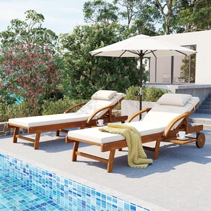 Pack 77.5 Inch Outdoor Lounge Chairs, Wood Frame Cushioned Adjustable Backrest and Leg Rest Headrest and Retractable Pack 77.5 Inch Outdoor Lounge Chairs, Wood Frame Cushioned Adjustable Backrest and Leg Rest Headrest and Retractable