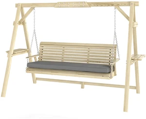 3 Seat Swing with Stand, Wooden Patio Swing Chair with Cushion Side Trays and Metal Chains Outdoor Bench for Garden 3 Seat Swing with Stand, Wooden Patio Swing Chair with Cushion Side Trays and Metal Chains Outdoor Bench for Garden