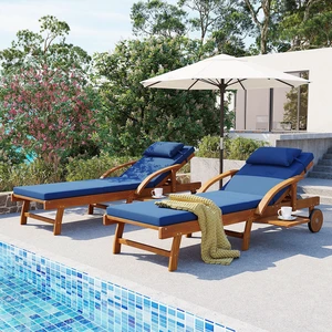 Pack 77.5 Inch Outdoor Lounge Chairs, Wood Frame Cushioned Adjustable Backrest and Leg Rest Headrest and Retractable Pack 77.5 Inch Outdoor Lounge Chairs, Wood Frame Cushioned Adjustable Backrest and Leg Rest Headrest and Retractable