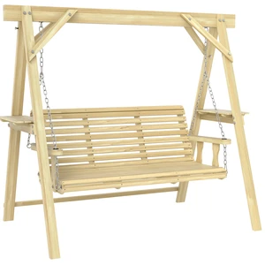 3 Seat Swing with Stand, Wooden Patio Swing Chair with Side Tables and Metal Chains Outdoor Bench for Garden Poolside 3 Seat Swing with Stand, Wooden Patio Swing Chair with Side Tables and Metal Chains Outdoor Bench for Garden Poolside