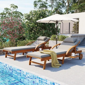 Pack 77.5 Inch Outdoor Lounge Chairs, Wood Frame Cushioned Adjustable Backrest and Leg Rest Headrest and Retractable Pack 77.5 Inch Outdoor Lounge Chairs, Wood Frame Cushioned Adjustable Backrest and Leg Rest Headrest and Retractable