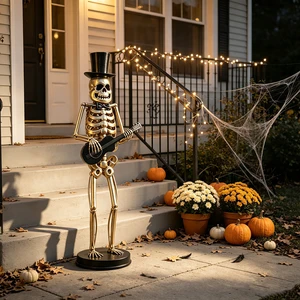 Metal Skeleton Musician Statue, 64.6 Inch Standing Guitar Player Skeleton with Top Hat and Bow Tie Large Metal Metal Skeleton Musician Statue, 64.6 Inch Standing Guitar Player Skeleton with Top Hat and Bow Tie Large Metal