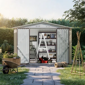 10 Metal Garden Shed with Metal Frame Hinge Door Design Storage Sheds Patio Use, Beige White 10 Metal Garden Shed with Metal Frame Hinge Door Design Storage Sheds Patio Use, Beige White