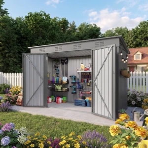 4 Outdoor Storage Shed, Metal Garden Shed Storage Tool with Sloping Roof Vents and Swing Doors for Garden Patio Lawn 4 Outdoor Storage Shed, Metal Garden Shed Storage Tool with Sloping Roof Vents and Swing Doors for Garden Patio Lawn