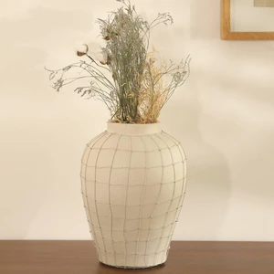 Handmade Small Terracotta Vase with Wireframe Decorative Table Accent-9.75 9.75, Ivory, Clay Handmade Small Terracotta Vase with Wireframe Decorative Table Accent-9.75 9.75, Ivory, Clay