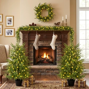 4 Piece Christmas Tree Set Trees with Bases, Pre Lit Wreath Garland White Lights Easy Shape and Wobble for Indoor 4 Piece Christmas Tree Set Trees with Bases, Pre Lit Wreath Garland White Lights Easy Shape and Wobble for Indoor