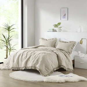 3 Piece King Cal King Diamond Quilted Ruffle Edge Comforter Set, Neutral, Microfiber, Bedding Sets 3 Piece King Cal King Diamond Quilted Ruffle Edge Comforter Set, Neutral, Microfiber, Bedding Sets