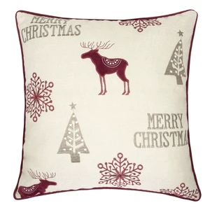 Merry Christmas Embroidered Poly Linen Throw Pillow 20 Inch Holiday Cushion with Reindeer, Trees and Snowflakes Merry Christmas Embroidered Poly Linen Throw Pillow 20 Inch Holiday Cushion with Reindeer, Trees and Snowflakes