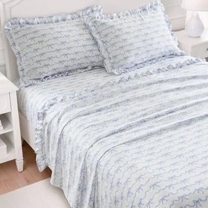 King Print Ruffled Hem Sheets, Bow, Blue, Microfiber, Sheets Pillowcases King Print Ruffled Hem Sheets, Bow, Blue, Microfiber, Sheets Pillowcases