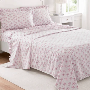 King Print Ruffled Hem Sheets, Bow, Pink, Microfiber, Sheets Pillowcases King Print Ruffled Hem Sheets, Bow, Pink, Microfiber, Sheets Pillowcases