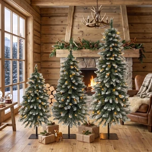 Pack Pre Lit Snow Flocked Pencil Christmas Tree Set, Slim Artificial Xmas Trees with LED Lights and Metal Flat Base Pack Pre Lit Snow Flocked Pencil Christmas Tree Set, Slim Artificial Xmas Trees with LED Lights and Metal Flat Base