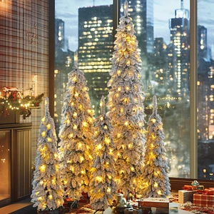 Pre Lit Pencil Christmas Trees, Set Slim Artificial Christmas Tree with Snow Flocking Xmas Holiday Decoration Branch Pre Lit Pencil Christmas Trees, Set Slim Artificial Christmas Tree with Snow Flocking Xmas Holiday Decoration Branch