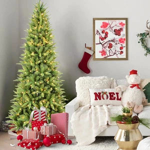 Slim Christmas Tree with LED Lights PVC Tips, Space Saving Hinged Design Easy Setup Metal Stand Realistic Pencil Tree Slim Christmas Tree with LED Lights PVC Tips, Space Saving Hinged Design Easy Setup Metal Stand Realistic Pencil Tree