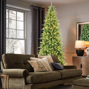 Slim Christmas Tree with LED Lights PVC Tips, Space Saving Hinged Design Easy Setup Metal Stand Realistic Pencil Tree Slim Christmas Tree with LED Lights PVC Tips, Space Saving Hinged Design Easy Setup Metal Stand Realistic Pencil Tree