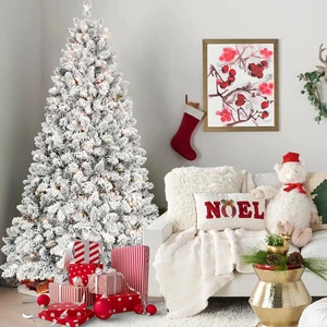 Flocked Christmas Tree with Lights and Cones Snowy PVC Tips, Tips Hinged Structure Stable Metal Stand Easy Setup, Green Flocked Christmas Tree with Lights and Cones Snowy PVC Tips, Tips Hinged Structure Stable Metal Stand Easy Setup, Green