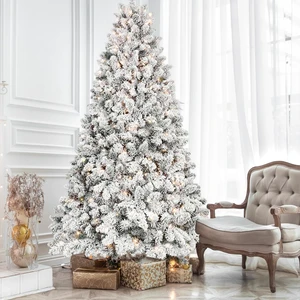 Flocked Christmas Tree with Lights and Cones Snowy PVC Tips, Tips Hinged Structure Stable Metal Stand Easy Setup, Green Flocked Christmas Tree with Lights and Cones Snowy PVC Tips, Tips Hinged Structure Stable Metal Stand Easy Setup, Green
