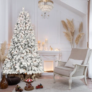 Flocked Christmas Tree with Lights and Cones Snowy PVC Tips, Tips Hinged Structure Stable Metal Stand Easy Setup, Green Flocked Christmas Tree with Lights and Cones Snowy PVC Tips, Tips Hinged Structure Stable Metal Stand Easy Setup, Green