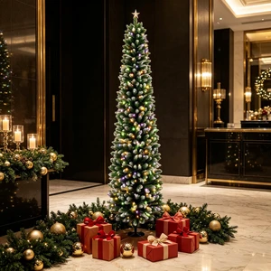 8 ft Flocked Pencil Prelit Christmas Tree, Dual Color Leds Remote Control with 11 Light Modes, Green White, PVC 8 ft Flocked Pencil Prelit Christmas Tree, Dual Color Leds Remote Control with 11 Light Modes, Green White, PVC
