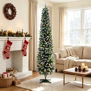 6 ft Flocked Pencil Prelit Christmas Tree, Dual Color Leds Remote Control with 11 Light Modes, Green White, PVC 6 ft Flocked Pencil Prelit Christmas Tree, Dual Color Leds Remote Control with 11 Light Modes, Green White, PVC