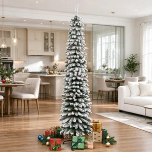 Space Saving Slim Holiday Tree, Pencil Christmas Tree Charming Holiday Christmas Snow Flocked Artificial Green, Metal Space Saving Slim Holiday Tree, Pencil Christmas Tree Charming Holiday Christmas Snow Flocked Artificial Green, Metal