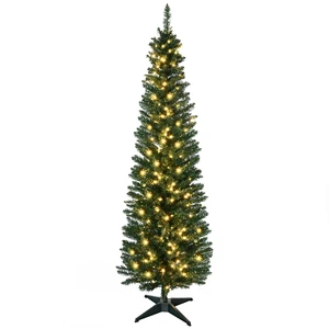 Tall Pre Lit Slim Noble Fir Artificial Christmas Tree with LED Lights and Tips, Christmas Decoration, Green, PVC Tall Pre Lit Slim Noble Fir Artificial Christmas Tree with LED Lights and Tips, Christmas Decoration, Green, PVC