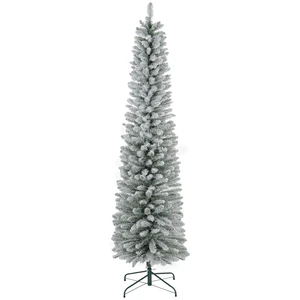 7 ft Artificial Pencil Christmas Tree with Snow Flocked Tips, Metal Base Realistic Xmas Tree, Green, Plastic 7 ft Artificial Pencil Christmas Tree with Snow Flocked Tips, Metal Base Realistic Xmas Tree, Green, Plastic