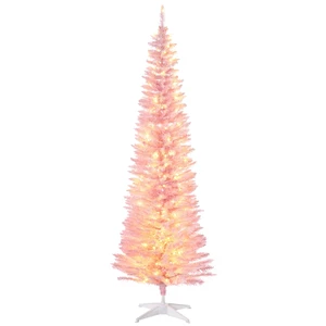Tall Pre Lit Slim Noble Fir Artificial Christmas Tree with LED Lights and Tips, Christmas Decoration, Pink, Plastic Tall Pre Lit Slim Noble Fir Artificial Christmas Tree with LED Lights and Tips, Christmas Decoration, Pink, Plastic