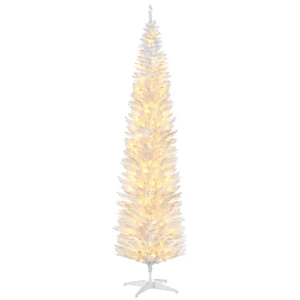 Tall Pre Lit Slim Noble Fir Artificial Christmas Tree with LED Lights and Tips, Christmas Decoration, White, Plastic Tall Pre Lit Slim Noble Fir Artificial Christmas Tree with LED Lights and Tips, Christmas Decoration, White, Plastic