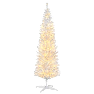 Tall Pre Lit Slim Noble Fir Artificial Christmas Tree with LED Lights and Tips, Christmas Decoration, White, Plastic Tall Pre Lit Slim Noble Fir Artificial Christmas Tree with LED Lights and Tips, Christmas Decoration, White, Plastic