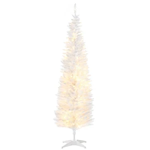 Tall Pre Lit Slim Noble Fir Artificial Christmas Tree with LED Lights and Tips, Christmas Decoration, White, Plastic Tall Pre Lit Slim Noble Fir Artificial Christmas Tree with LED Lights and Tips, Christmas Decoration, White, Plastic