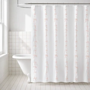 72 Inch Addison Bowed Shower Curtain Set, White Pink, Polyester 72 Inch Addison Bowed Shower Curtain Set, White Pink, Polyester