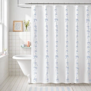 72 Inch Addison Bowed Shower Curtain Set, White Blue, Polyester 72 Inch Addison Bowed Shower Curtain Set, White Blue, Polyester