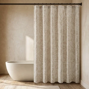 72 Inch Cotton Blend Botanical Jacquard Shower Curtain, Beige 72 Inch Cotton Blend Botanical Jacquard Shower Curtain, Beige