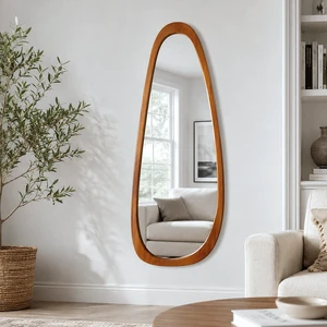 Inchx26.4 Inch Irregular Teardrop Shaped Solid Wooden Framed Mirror, Abstract Asymmetrical Decorative Wall Mirror Inchx26.4 Inch Irregular Teardrop Shaped Solid Wooden Framed Mirror, Abstract Asymmetrical Decorative Wall Mirror