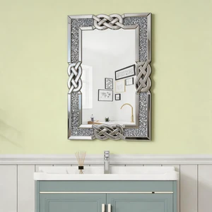 Crushed Diamond Mirrored Wall Mirror, Rectangle Decorative Vanity Mirror with Intertwined Knot Frame Sparkly Crystal Crushed Diamond Mirrored Wall Mirror, Rectangle Decorative Vanity Mirror with Intertwined Knot Frame Sparkly Crystal