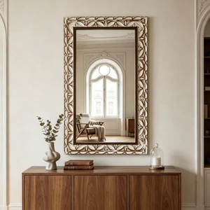 ×47.24 Inch Rectangular Carved Leaf Wall Mirror, Distressed Two Tone MDF Framed Silver Vanity Mirror Bohemian Ornate ×47.24 Inch Rectangular Carved Leaf Wall Mirror, Distressed Two Tone MDF Framed Silver Vanity Mirror Bohemian Ornate