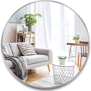 42 Inch Silver Metal Framed Round Bathrrom Mirror for Wall, Aluminium, MDF and Mirror 42 Inch Silver Metal Framed Round Bathrrom Mirror for Wall, Aluminium, MDF and Mirror