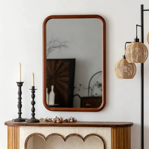 Rounded Rectangle Wall Mirror 23.23 35.43 Inch, Solid Wood Frame Hanging Mirror with Wood Finish Decor for Living Rounded Rectangle Wall Mirror 23.23 35.43 Inch, Solid Wood Frame Hanging Mirror with Wood Finish Decor for Living
