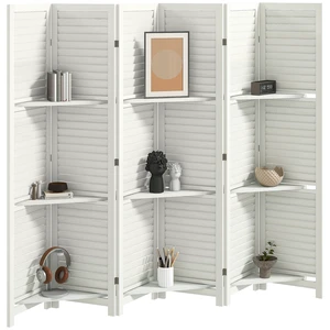 Divider, 6 Panel 67 Inch Tall Privacy Screen with Display Shelves and Folding Storage, White, Aluminum Divider, 6 Panel 67 Inch Tall Privacy Screen with Display Shelves and Folding Storage, White, Aluminum