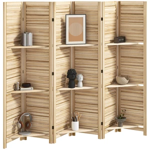 Divider, 6 Panel 67 Inch Tall Privacy Screen with Display Shelves and Folding Storage, Natural Wood, Ceramic Tile Divider, 6 Panel 67 Inch Tall Privacy Screen with Display Shelves and Folding Storage, Natural Wood, Ceramic Tile