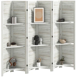 Divider, 6 Panel 67 Inch Tall Privacy Screen with Display Shelves and Folding Storage for Distressed, White, Acacia Wood Divider, 6 Panel 67 Inch Tall Privacy Screen with Display Shelves and Folding Storage for Distressed, White, Acacia Wood