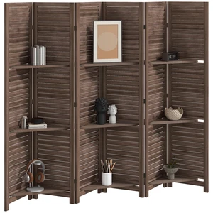 Divider, 6 Panel 67 Inch Tall Privacy Screen with Display Shelves and Folding Storage, Walnut, Acacia Wood Divider, 6 Panel 67 Inch Tall Privacy Screen with Display Shelves and Folding Storage, Walnut, Acacia Wood