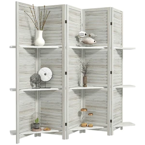 Divider, 5 Panel 67 Inch Tall Privacy Screen with Display Shelves and Folding Storage for Distressed, White, Acacia Wood Divider, 5 Panel 67 Inch Tall Privacy Screen with Display Shelves and Folding Storage for Distressed, White, Acacia Wood