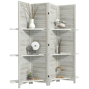 Divider, 4 Panel 67 Inch Tall Privacy Screen with Display Shelves and Folding Storage for Distressed, White, Acacia Wood Divider, 4 Panel 67 Inch Tall Privacy Screen with Display Shelves and Folding Storage for Distressed, White, Acacia Wood