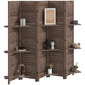 Divider, 5 Panel 67 Inch Tall Privacy Screen with Display Shelves and Folding Storage, Walnut, Acacia Wood Divider, 5 Panel 67 Inch Tall Privacy Screen with Display Shelves and Folding Storage, Walnut, Acacia Wood
